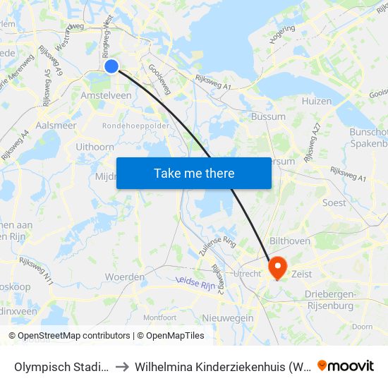 Olympisch Stadion to Wilhelmina Kinderziekenhuis (Wkz) map