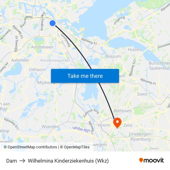 Dam to Wilhelmina Kinderziekenhuis (Wkz) map