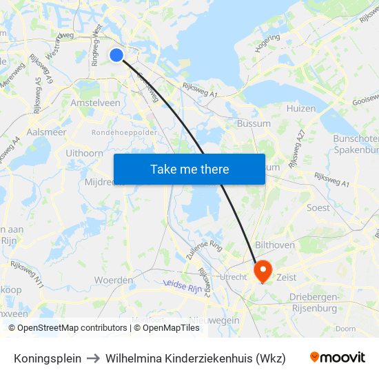 Koningsplein to Wilhelmina Kinderziekenhuis (Wkz) map