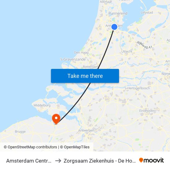 Amsterdam Centraal to Zorgsaam Ziekenhuis - De Honte map