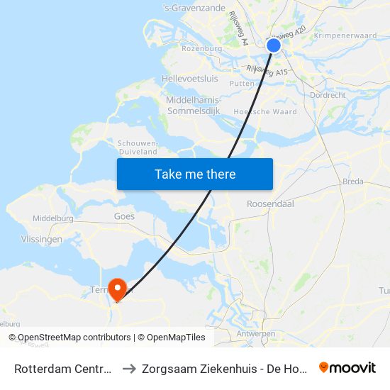 Rotterdam Centraal to Zorgsaam Ziekenhuis - De Honte map