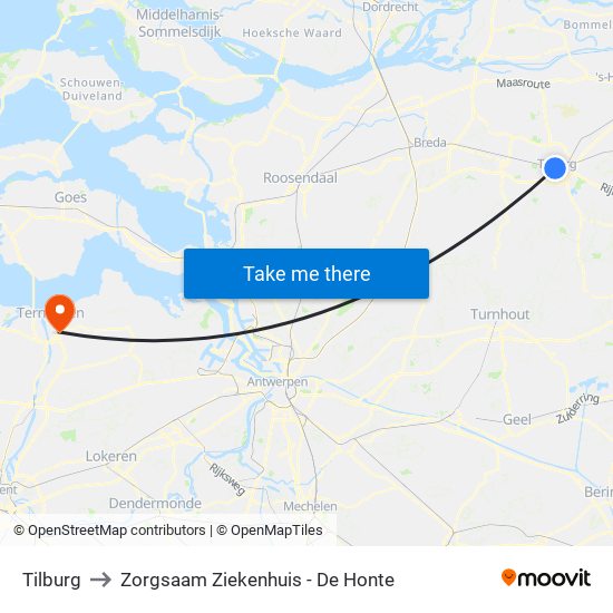 Tilburg to Zorgsaam Ziekenhuis - De Honte map