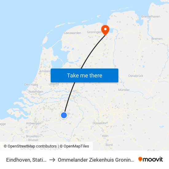 Eindhoven, Station to Ommelander Ziekenhuis Groningen map