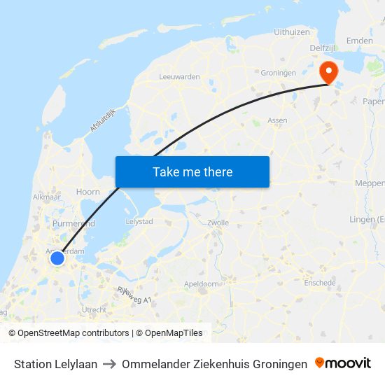 Station Lelylaan to Ommelander Ziekenhuis Groningen map