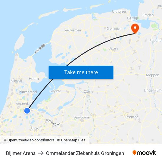 Bijlmer Arena to Ommelander Ziekenhuis Groningen map