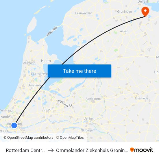 Rotterdam Centraal to Ommelander Ziekenhuis Groningen map