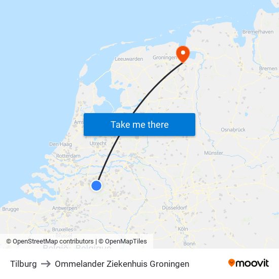 Tilburg to Ommelander Ziekenhuis Groningen map