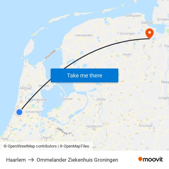 Haarlem to Ommelander Ziekenhuis Groningen map