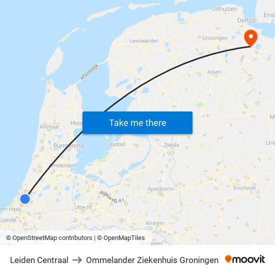 Leiden Centraal to Ommelander Ziekenhuis Groningen map