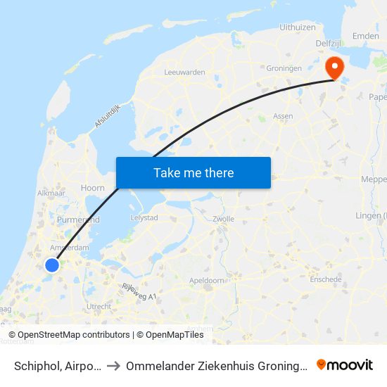 Schiphol, Airport to Ommelander Ziekenhuis Groningen map