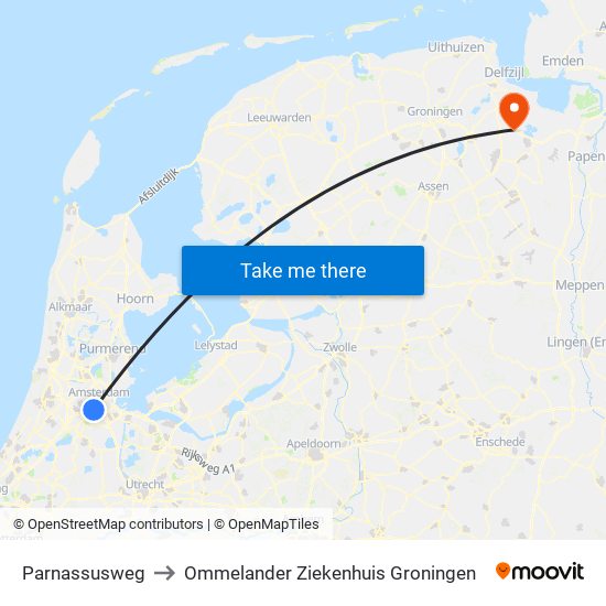 Parnassusweg to Ommelander Ziekenhuis Groningen map