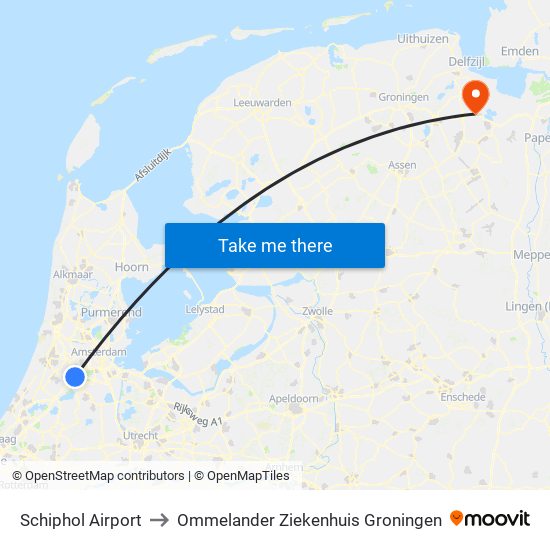 Schiphol Airport to Ommelander Ziekenhuis Groningen map