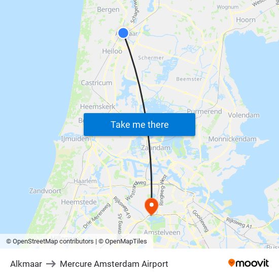 Alkmaar to Mercure Amsterdam Airport map