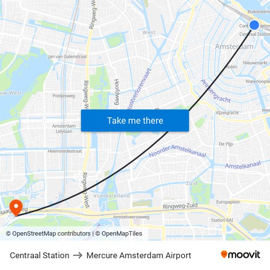 Centraal Station to Mercure Amsterdam Airport map