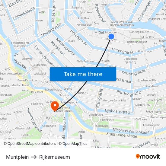 Muntplein to Rijksmuseum map