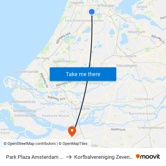 Park Plaza Amsterdam Airport to Korfbalvereniging Zevenbergen map
