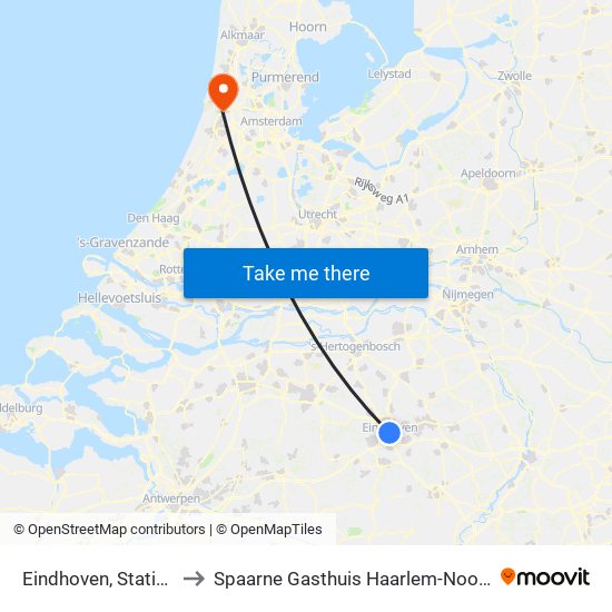 Eindhoven, Station to Spaarne Gasthuis Haarlem-Noord map