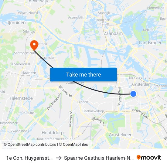 1e Con. Huygensstraat to Spaarne Gasthuis Haarlem-Noord map