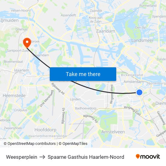 Weesperplein to Spaarne Gasthuis Haarlem-Noord map