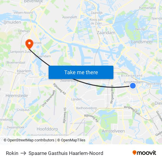 Rokin to Spaarne Gasthuis Haarlem-Noord map