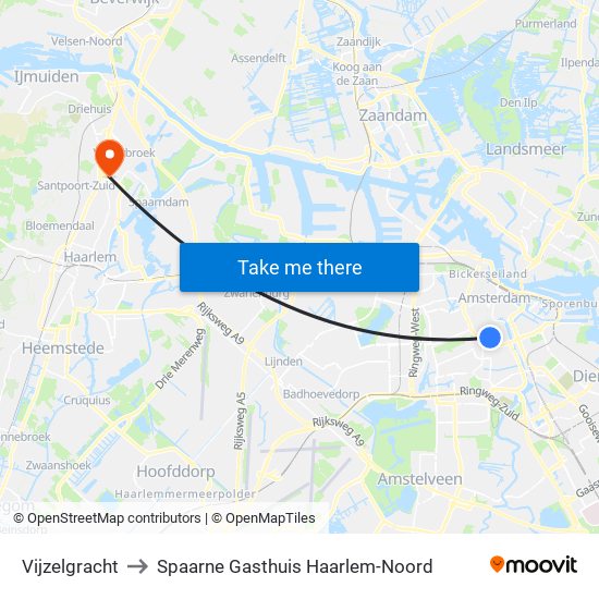 Vijzelgracht to Spaarne Gasthuis Haarlem-Noord map