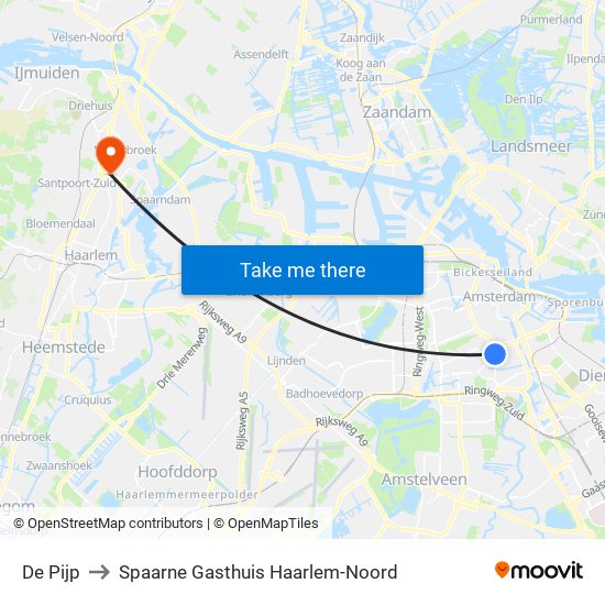 De Pijp to Spaarne Gasthuis Haarlem-Noord map