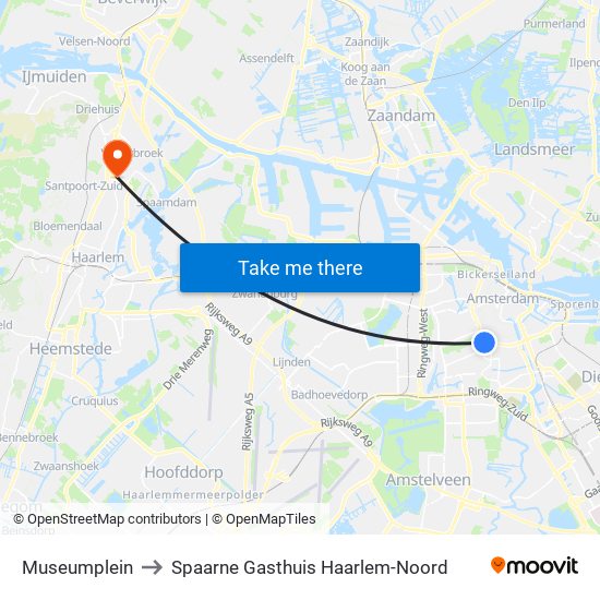 Museumplein to Spaarne Gasthuis Haarlem-Noord map