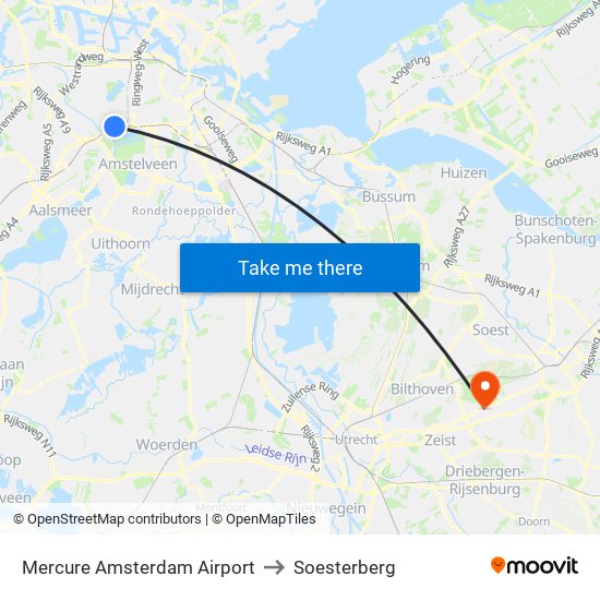 Mercure Amsterdam Airport to Soesterberg map