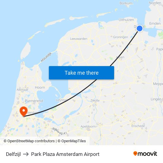 Delfzijl to Park Plaza Amsterdam Airport map