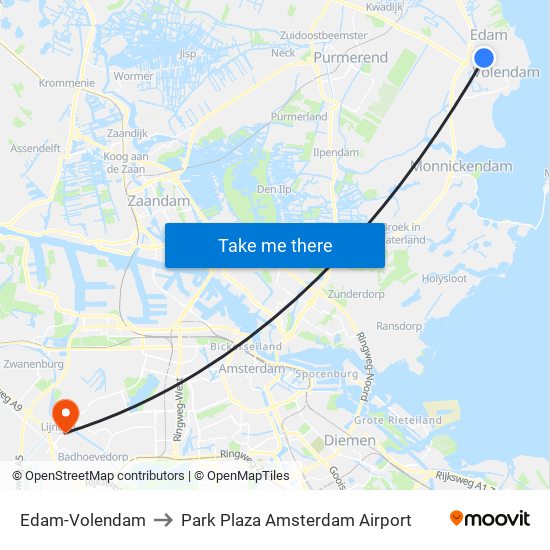 Edam-Volendam to Park Plaza Amsterdam Airport map