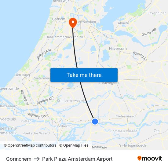 Gorinchem to Park Plaza Amsterdam Airport map