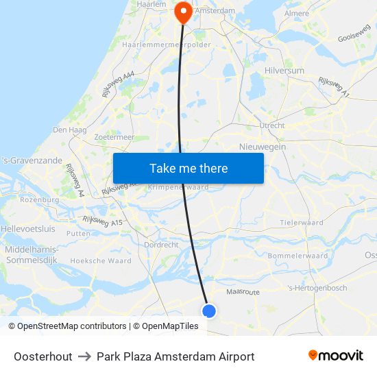 Oosterhout to Park Plaza Amsterdam Airport map