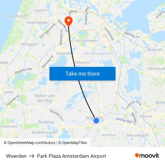 Woerden to Park Plaza Amsterdam Airport map