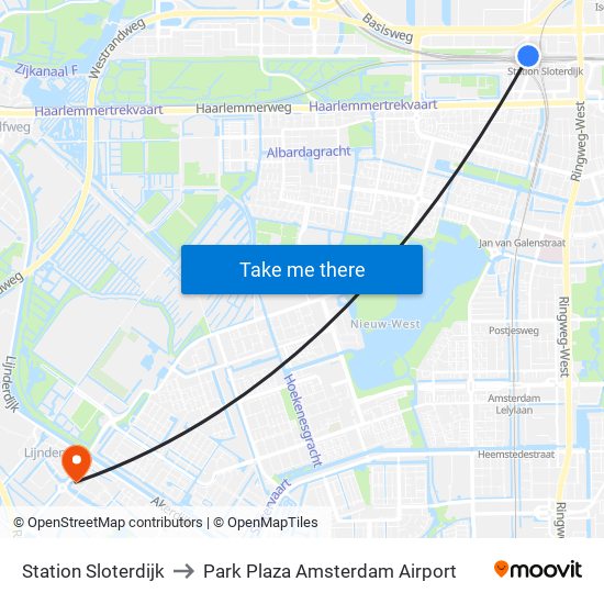 Station Sloterdijk to Park Plaza Amsterdam Airport map