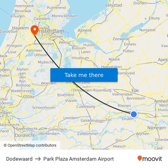 Dodewaard to Park Plaza Amsterdam Airport map