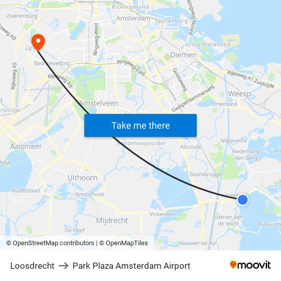 Loosdrecht to Park Plaza Amsterdam Airport map