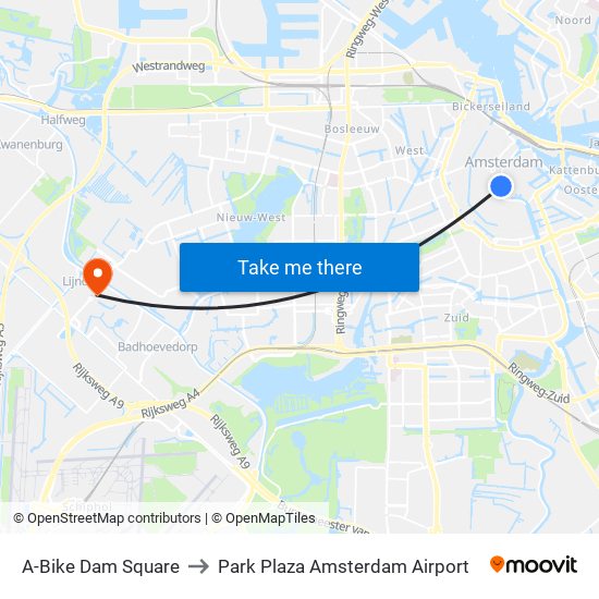 A-Bike Dam Square to Park Plaza Amsterdam Airport map