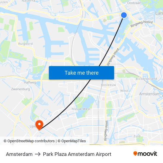 Amsterdam to Park Plaza Amsterdam Airport map