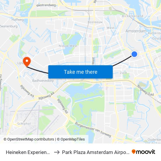 Heineken Experience to Park Plaza Amsterdam Airport map