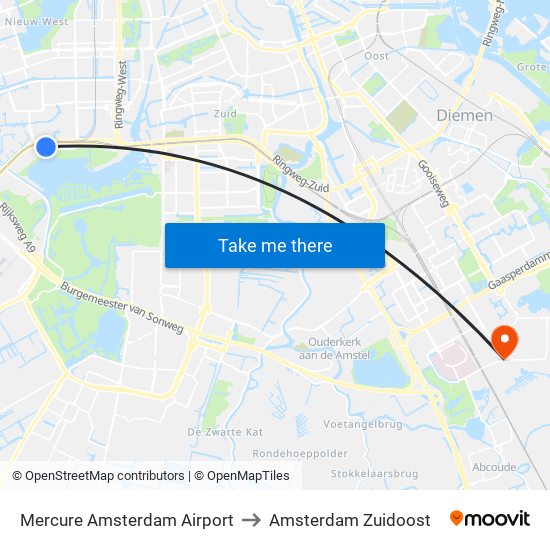 Mercure Amsterdam Airport to Amsterdam Zuidoost map