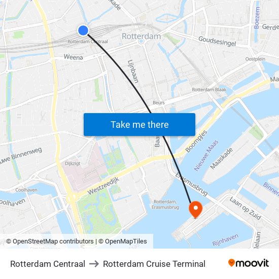 Rotterdam Centraal to Rotterdam Cruise Terminal map