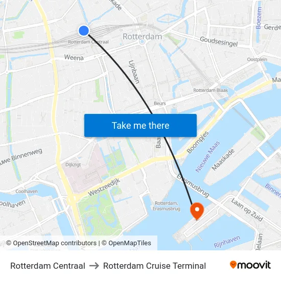 Rotterdam Centraal to Rotterdam Cruise Terminal map