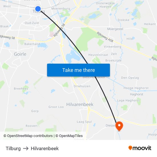 Tilburg to Hilvarenbeek map