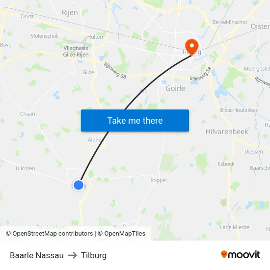 Baarle Nassau to Tilburg map