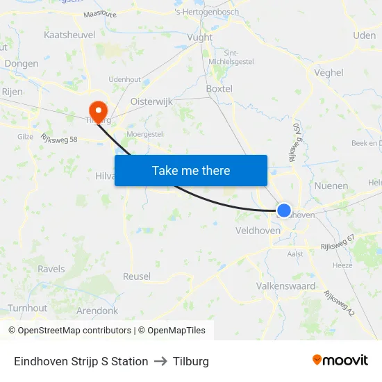 Eindhoven Strijp S Station to Tilburg map