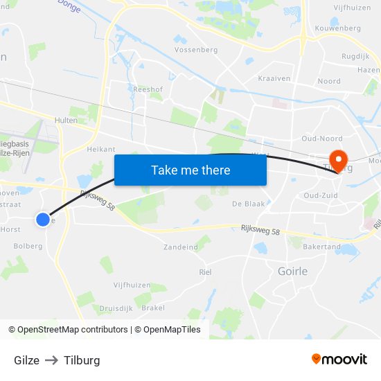 Gilze to Tilburg map