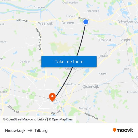 Nieuwkuijk to Tilburg map