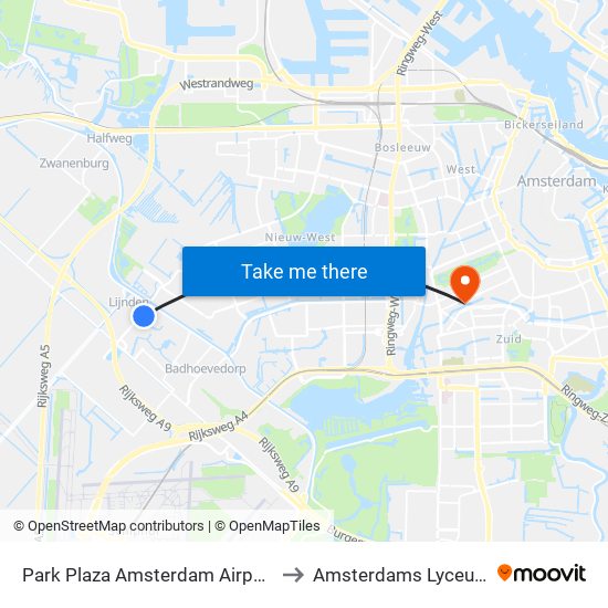 Park Plaza Amsterdam Airport to Amsterdams Lyceum map