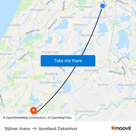 Bijlmer Arena to Ijsselland Ziekenhuis map