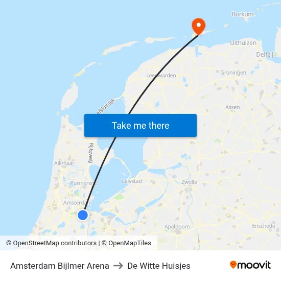 Amsterdam Bijlmer Arena to De Witte Huisjes map
